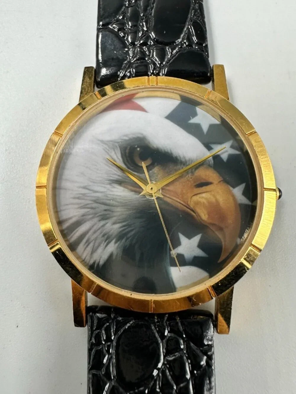 Bald Eagle Watch Men Gold Tone American Flag Black Leather Band New Battery 9.5